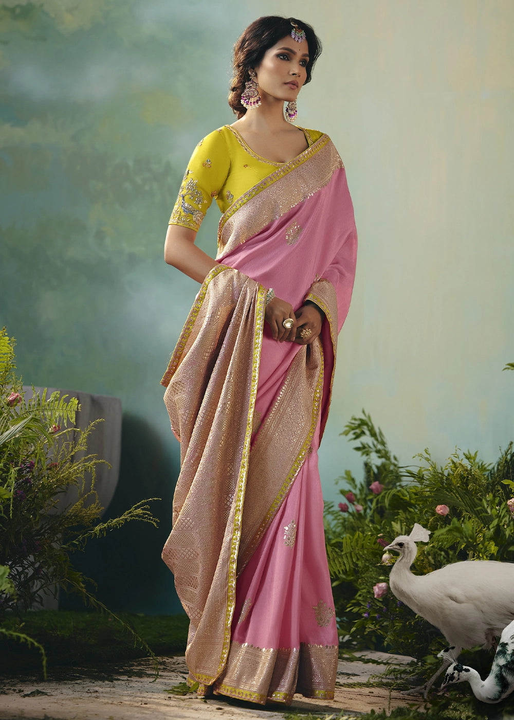 Creamy Pink Viscose Dola Silk Saree with Handcrafted Zari & Sequin Work