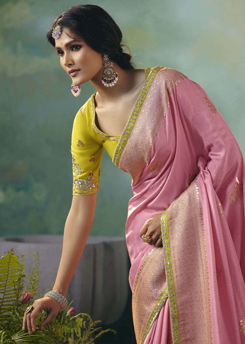 Creamy Pink Viscose Dola Silk Saree with Handcrafted Zari & Sequin Work