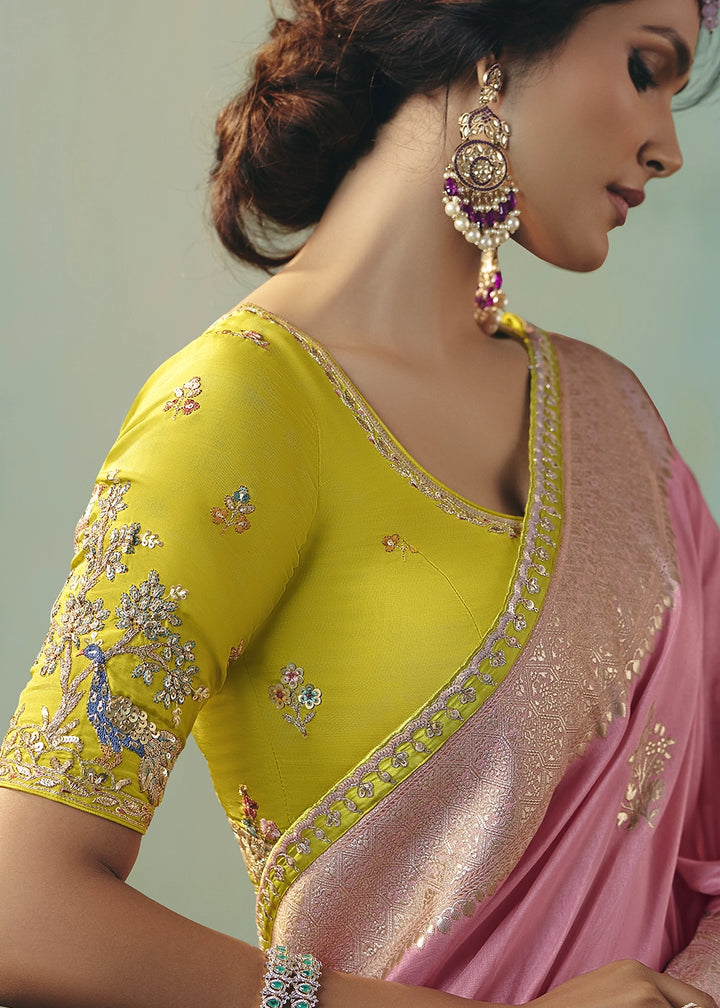 Creamy Pink Viscose Dola Silk Saree with Handcrafted Zari & Sequin Work