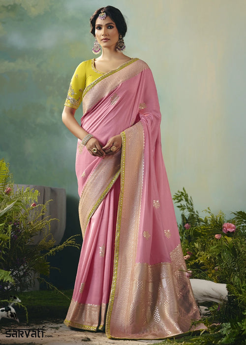 Creamy Pink Viscose Dola Silk Saree with Handcrafted Zari & Sequin Work