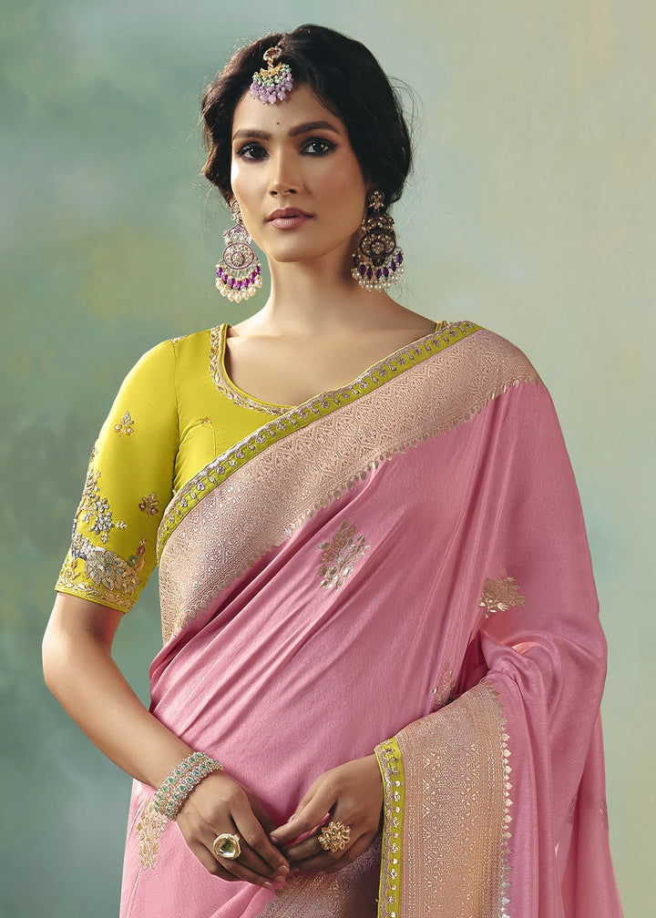 Creamy Pink Viscose Dola Silk Saree with Handcrafted Zari & Sequin Work