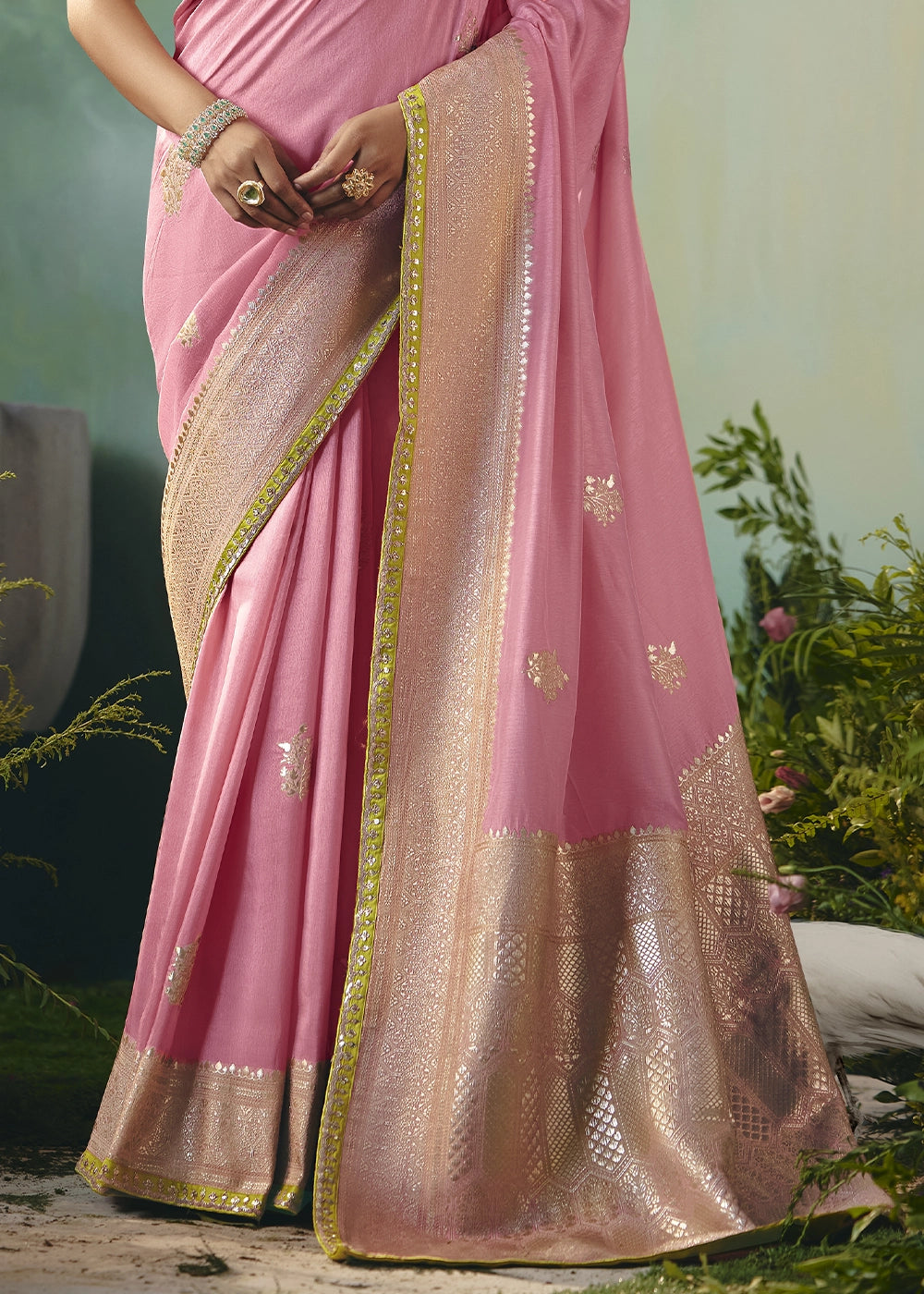 Creamy Pink Viscose Dola Silk Saree with Handcrafted Zari & Sequin Work