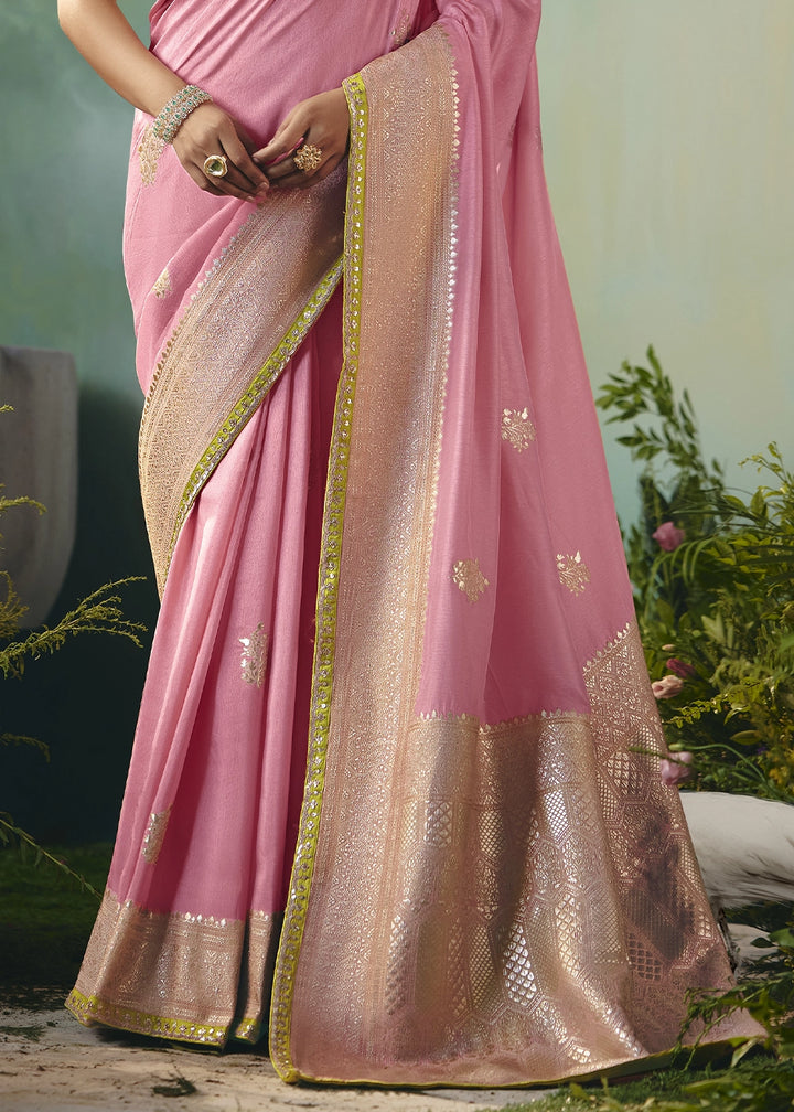 Creamy Pink Viscose Dola Silk Saree with Handcrafted Zari & Sequin Work