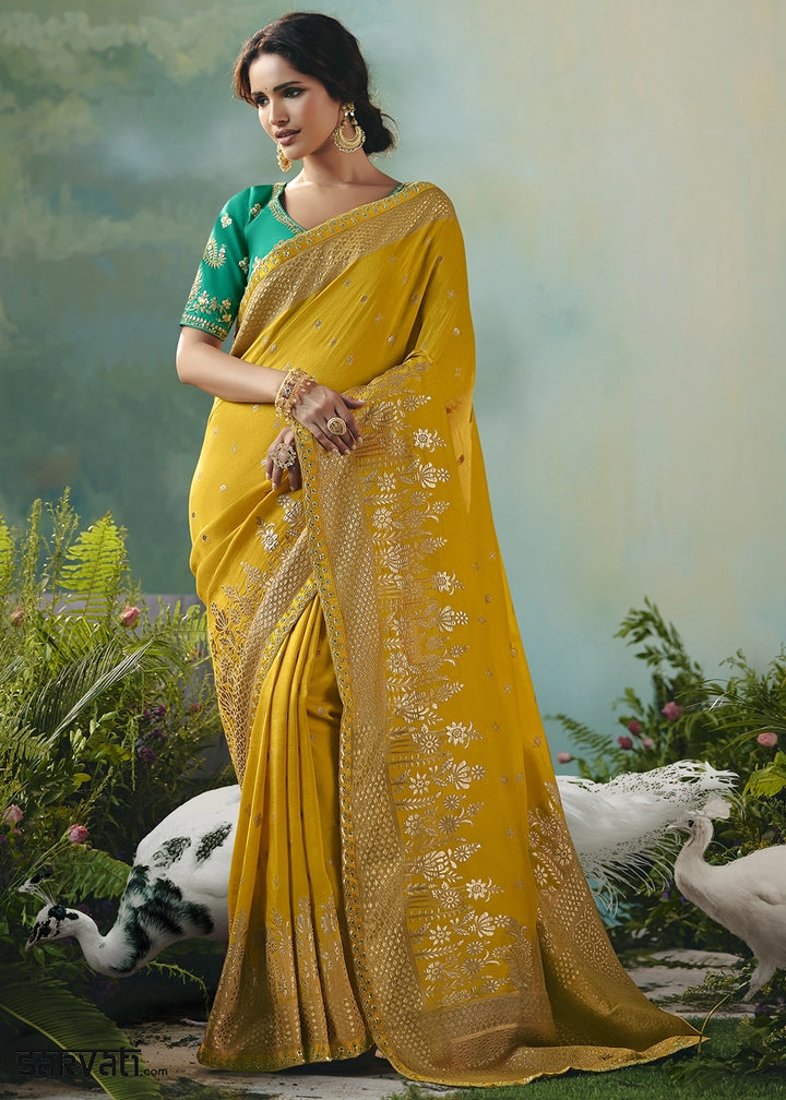 Mustard Yellow Viscose Dola Silk Saree with Handcrafted Zari & Sequin Work