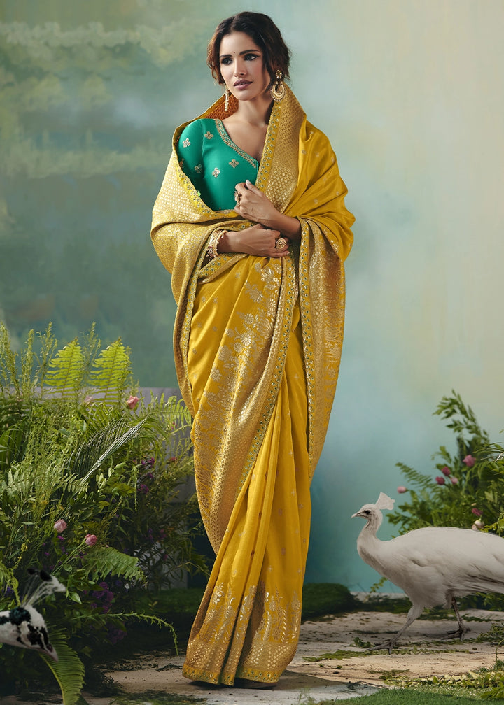 Mustard Yellow Viscose Dola Silk Saree with Handcrafted Zari & Sequin Work