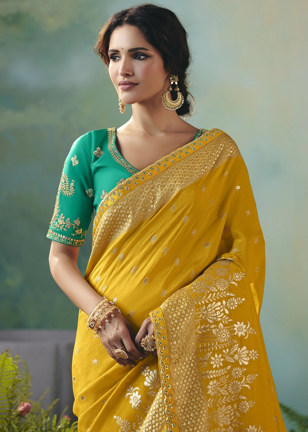 Mustard Yellow Viscose Dola Silk Saree with Handcrafted Zari & Sequin Work