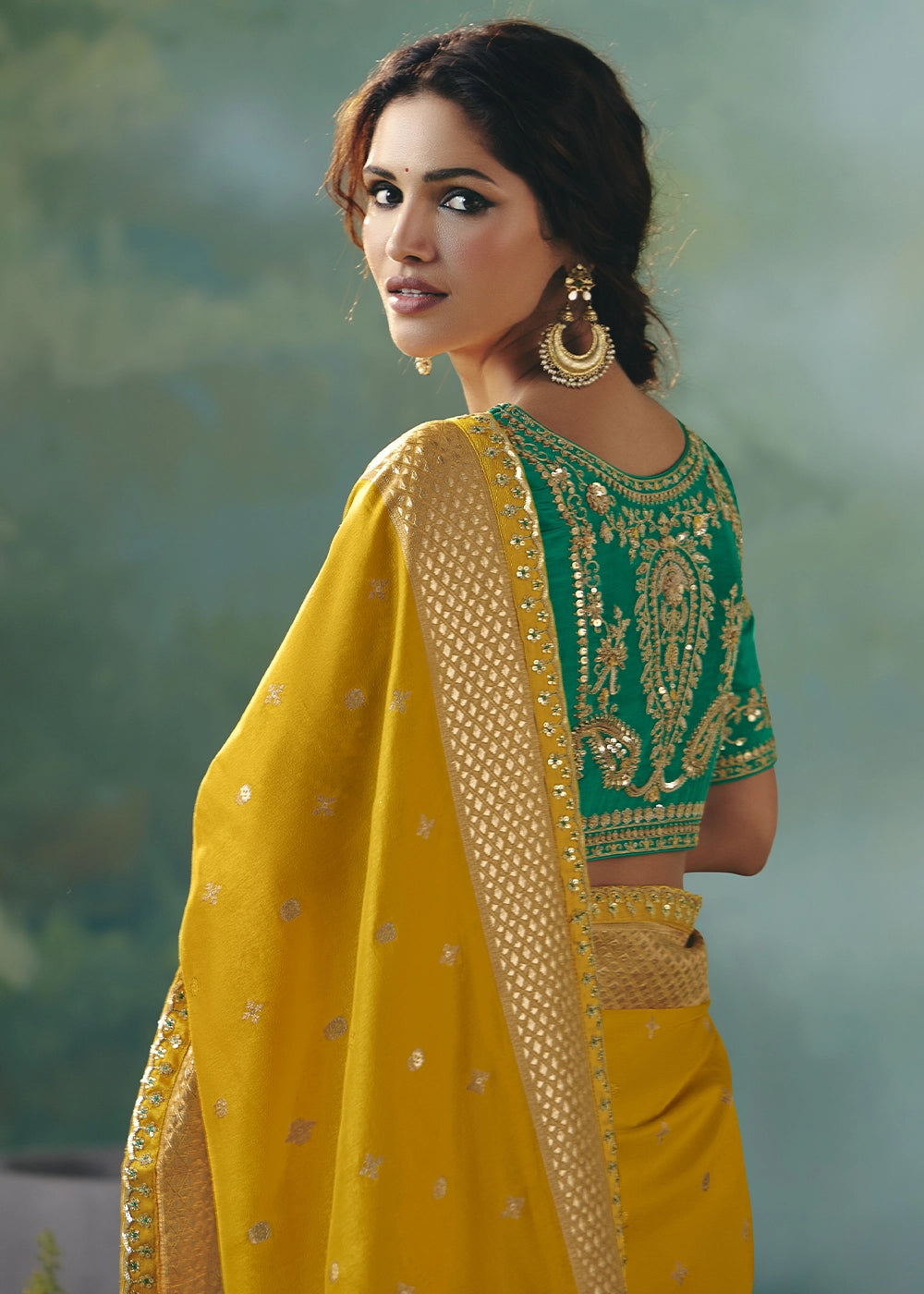 Mustard Yellow Viscose Dola Silk Saree with Handcrafted Zari & Sequin Work