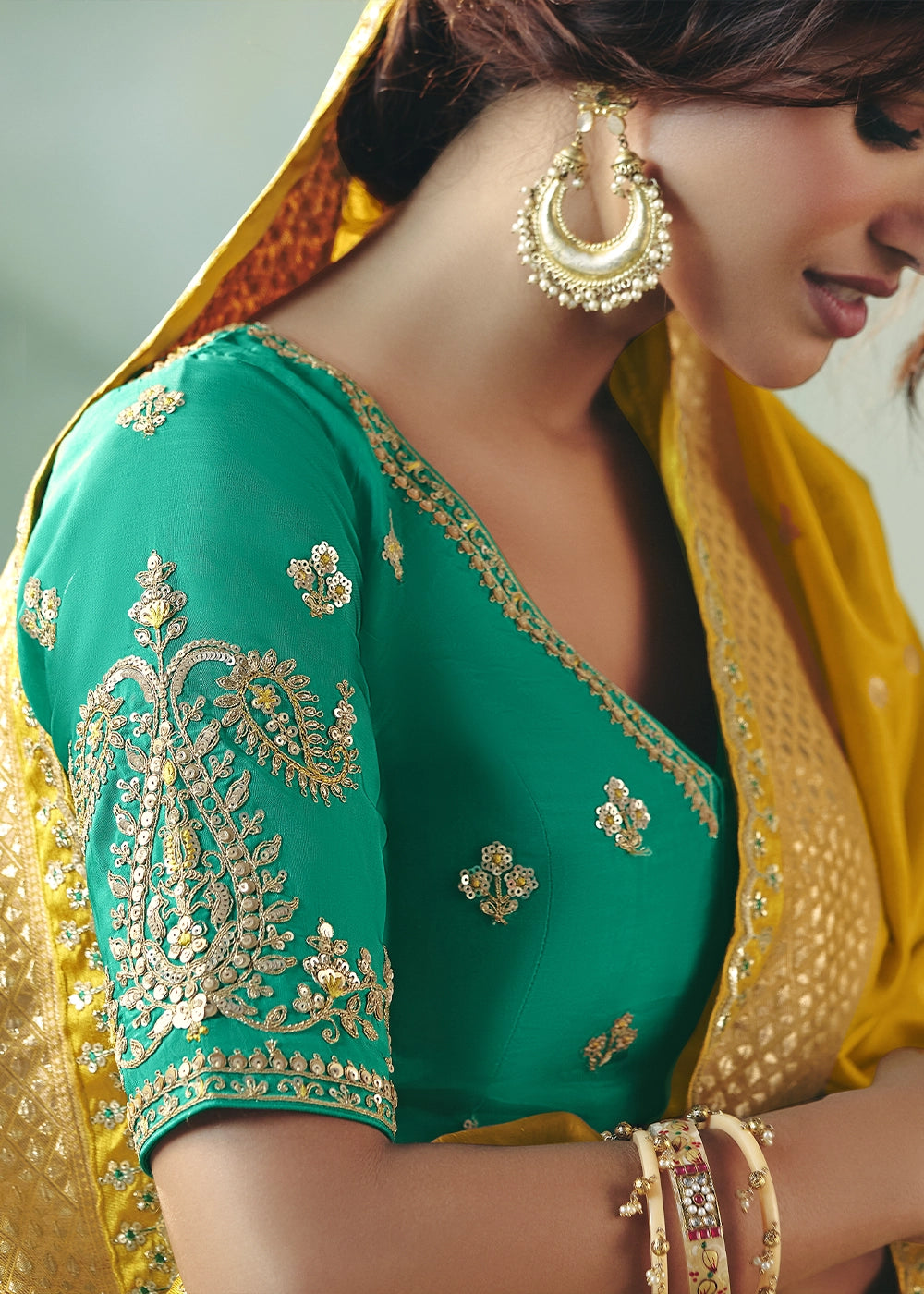 Mustard Yellow Viscose Dola Silk Saree with Handcrafted Zari & Sequin Work
