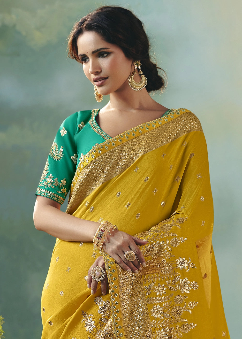 Mustard Yellow Viscose Dola Silk Saree with Handcrafted Zari & Sequin Work