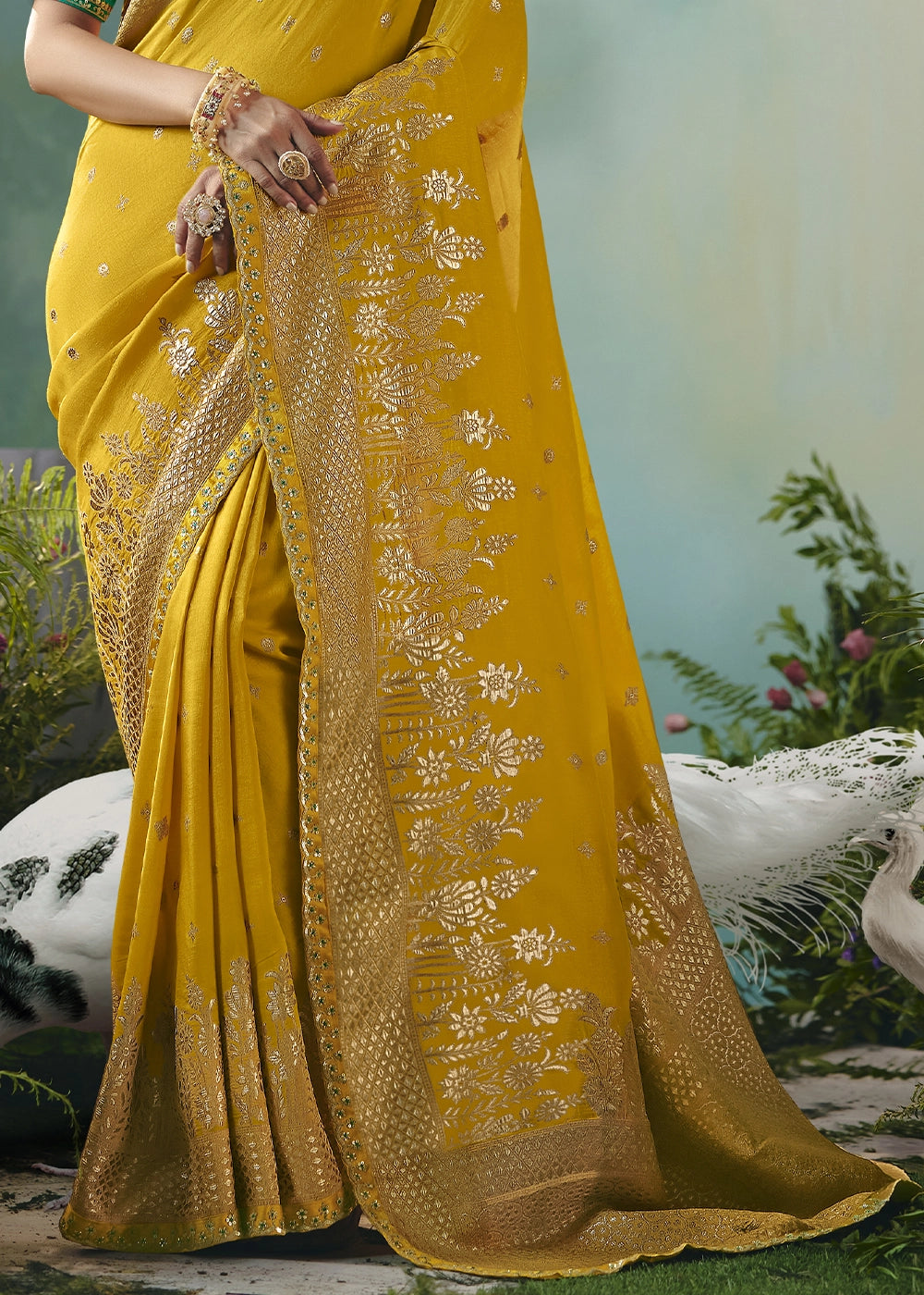 Mustard Yellow Viscose Dola Silk Saree with Handcrafted Zari & Sequin Work