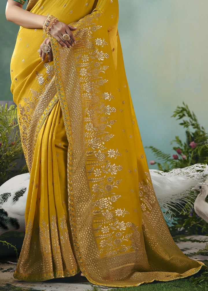 Mustard Yellow Viscose Dola Silk Saree with Handcrafted Zari & Sequin Work