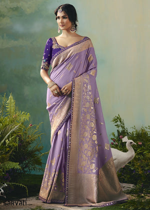Amethyst Purple Viscose Dola Silk Saree with Handcrafted Zari & Sequin Work