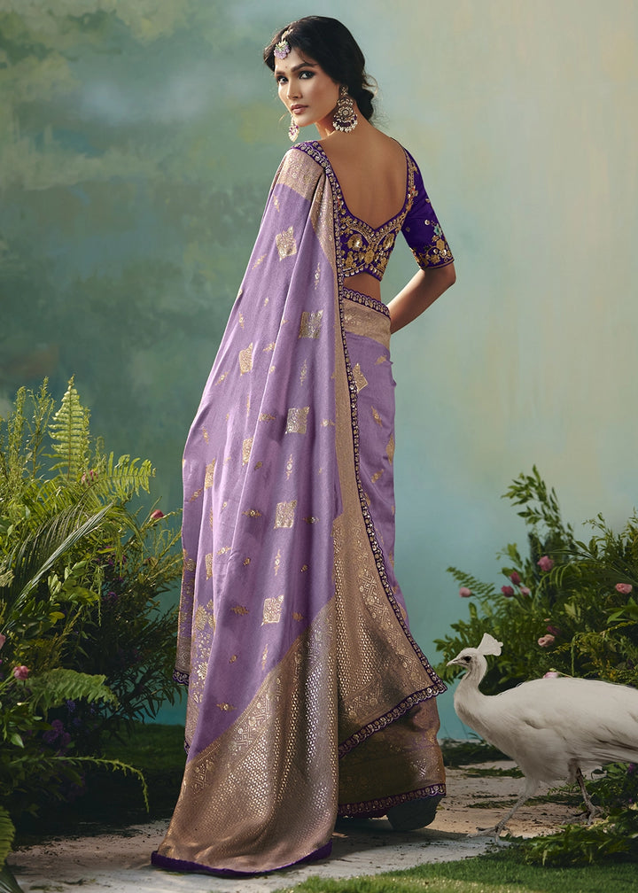 Amethyst Purple Viscose Dola Silk Saree with Handcrafted Zari & Sequin Work