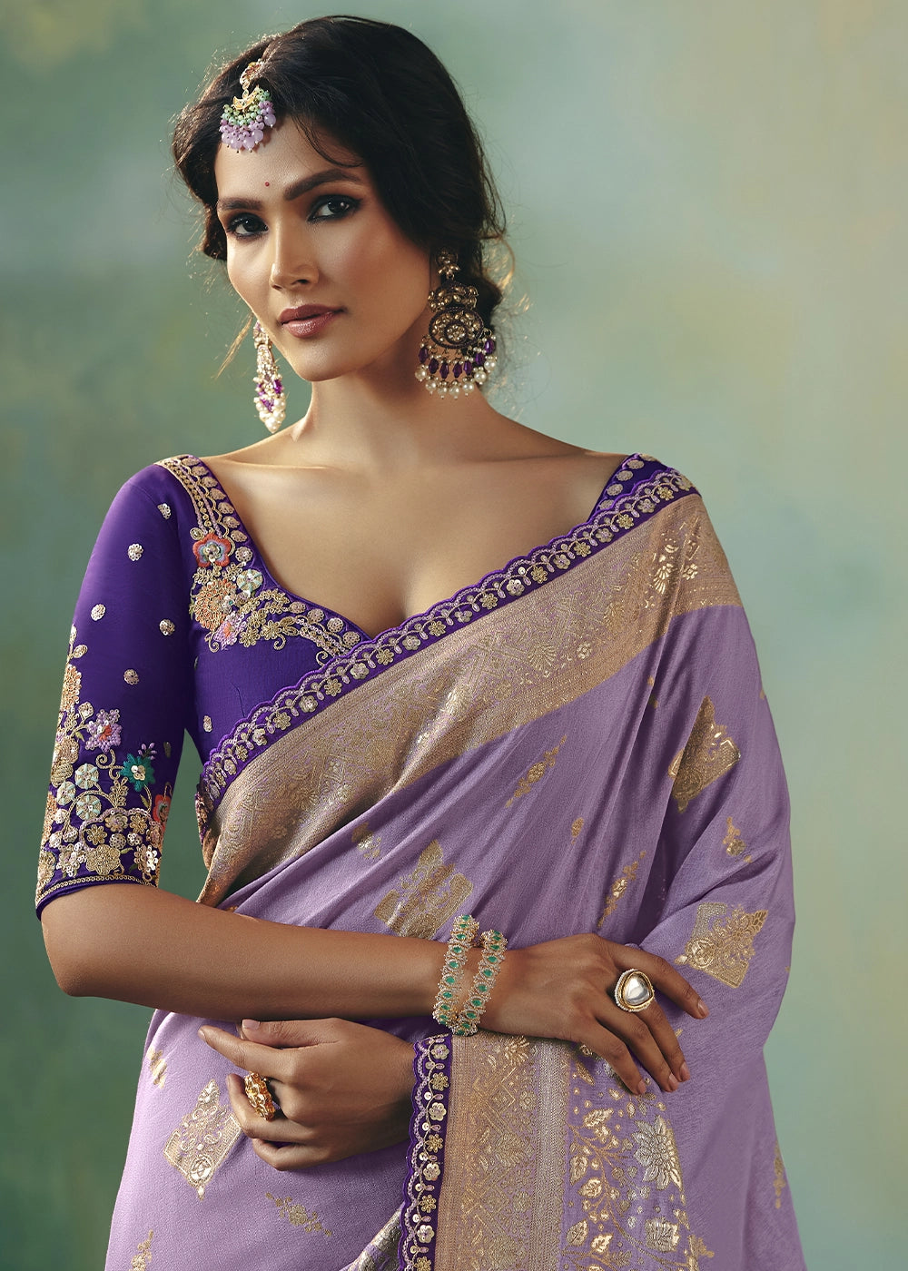 Amethyst Purple Viscose Dola Silk Saree with Handcrafted Zari & Sequin Work