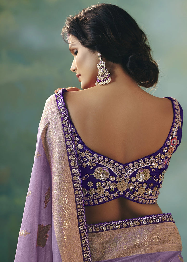 Amethyst Purple Viscose Dola Silk Saree with Handcrafted Zari & Sequin Work