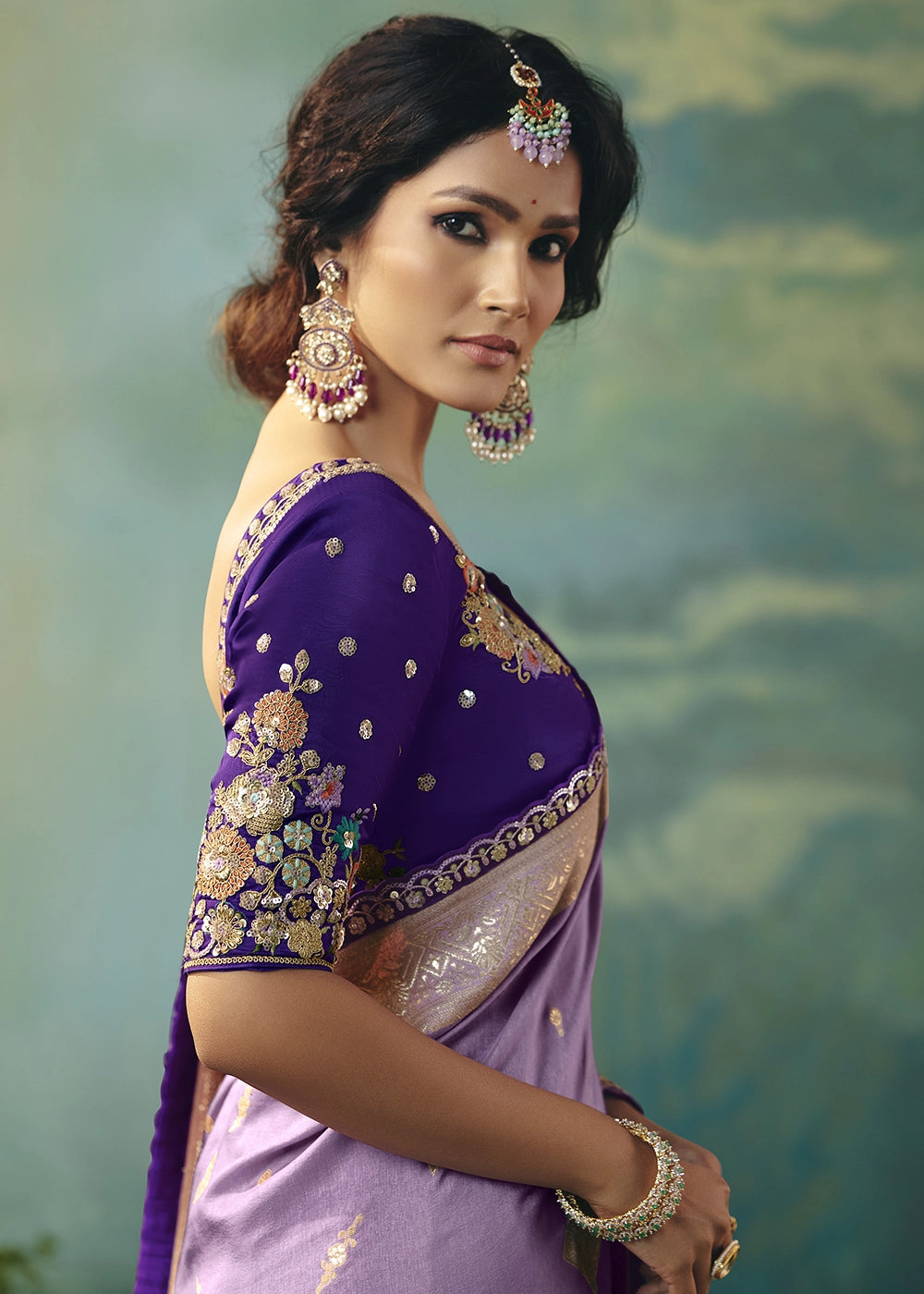 Amethyst Purple Viscose Dola Silk Saree with Handcrafted Zari & Sequin Work