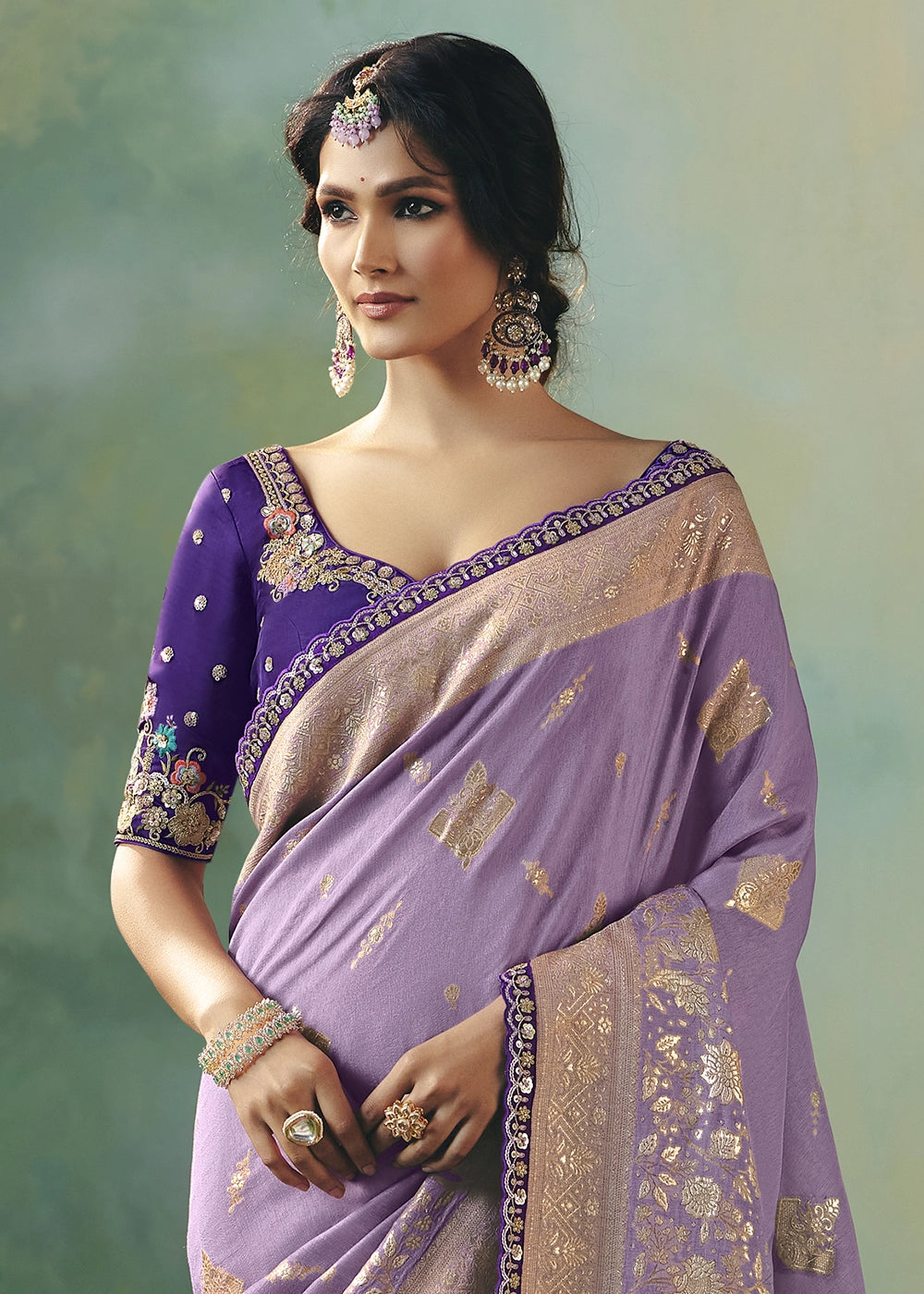 Amethyst Purple Viscose Dola Silk Saree with Handcrafted Zari & Sequin Work