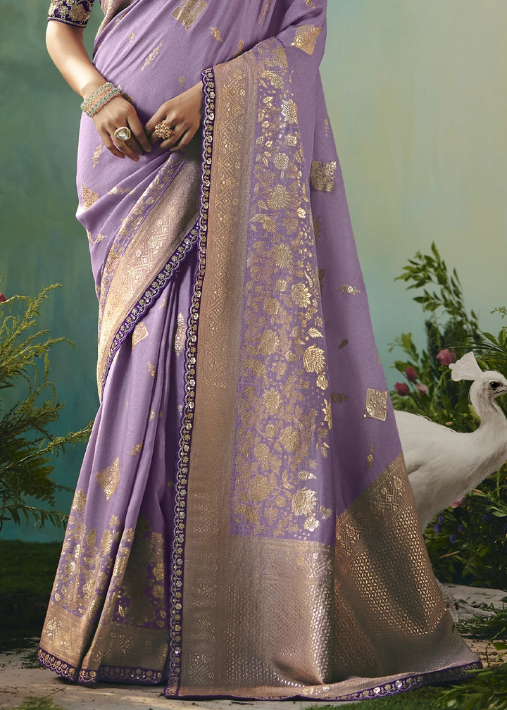 Amethyst Purple Viscose Dola Silk Saree with Handcrafted Zari & Sequin Work