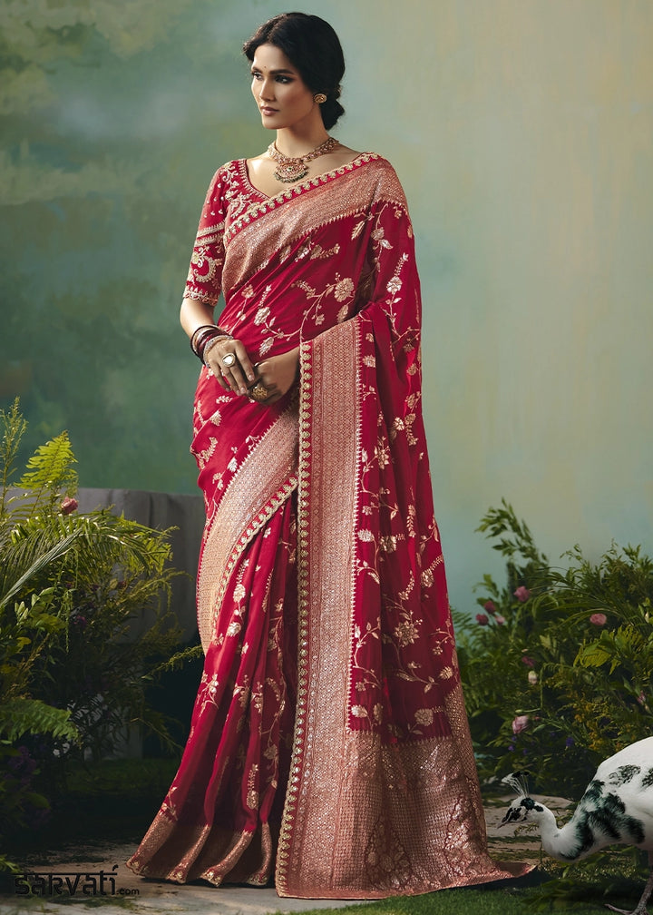 Crimson Red Viscose Dola Silk Saree with Handcrafted Zari & Sequin Work