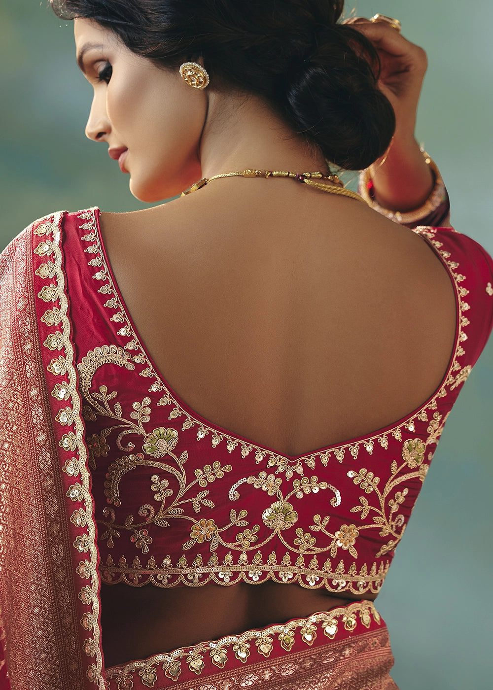 Crimson Red Viscose Dola Silk Saree with Handcrafted Zari & Sequin Work