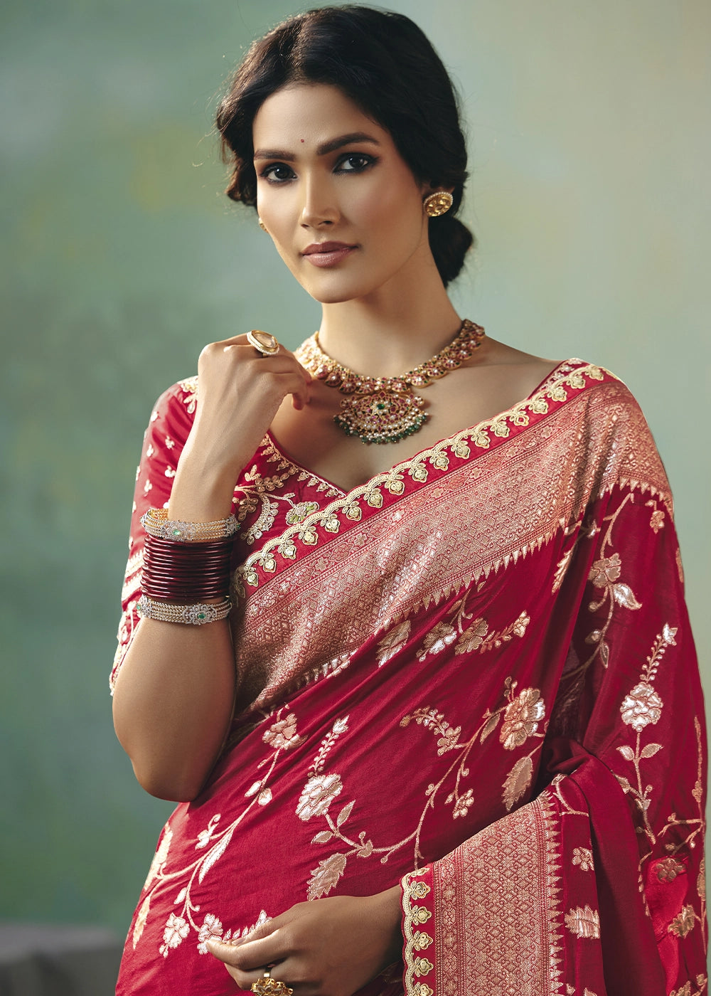 Crimson Red Viscose Dola Silk Saree with Handcrafted Zari & Sequin Work
