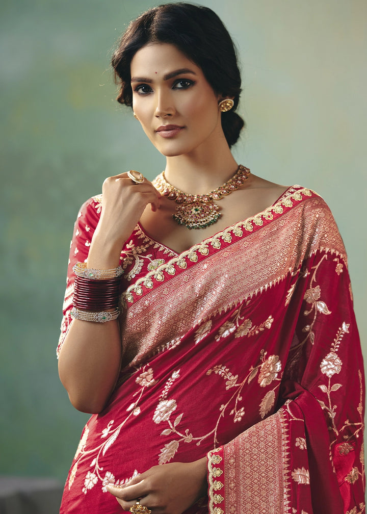 Crimson Red Viscose Dola Silk Saree with Handcrafted Zari & Sequin Work