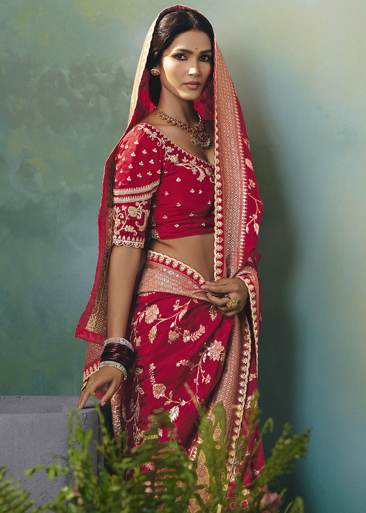 Crimson Red Viscose Dola Silk Saree with Handcrafted Zari & Sequin Work