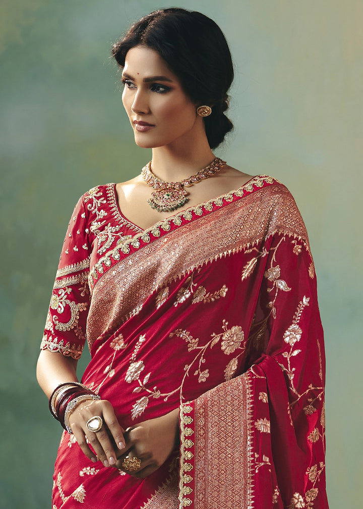 Crimson Red Viscose Dola Silk Saree with Handcrafted Zari & Sequin Work