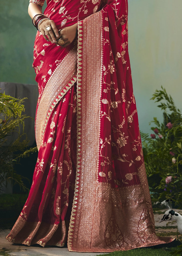 Crimson Red Viscose Dola Silk Saree with Handcrafted Zari & Sequin Work