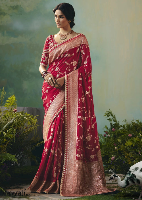 Crimson Red Viscose Dola Silk Saree with Handcrafted Zari & Sequin Work