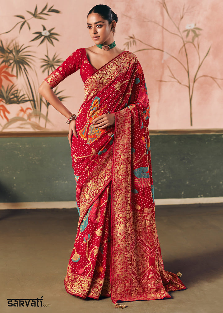 Sangria Red Khaddi Georgette Saree with Bandhej Weaving Artistry