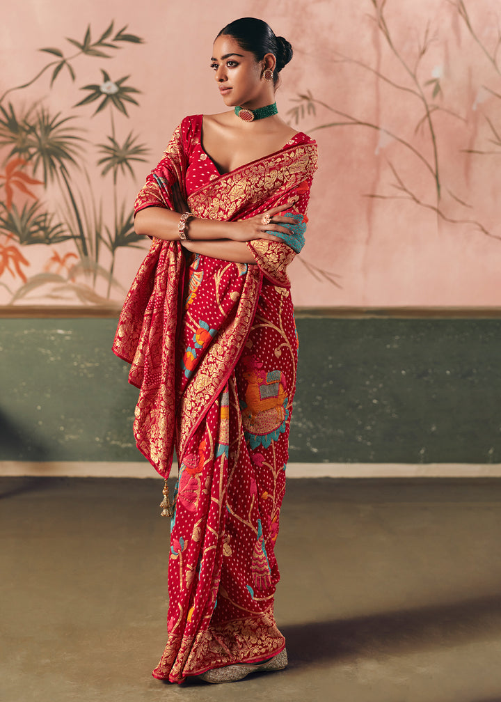 Sangria Red Khaddi Georgette Saree with Bandhej Weaving Artistry