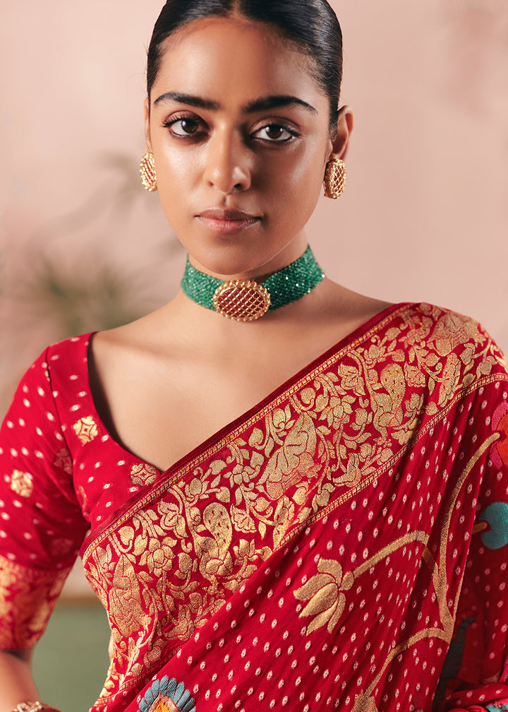 Sangria Red Khaddi Georgette Saree with Bandhej Weaving Artistry