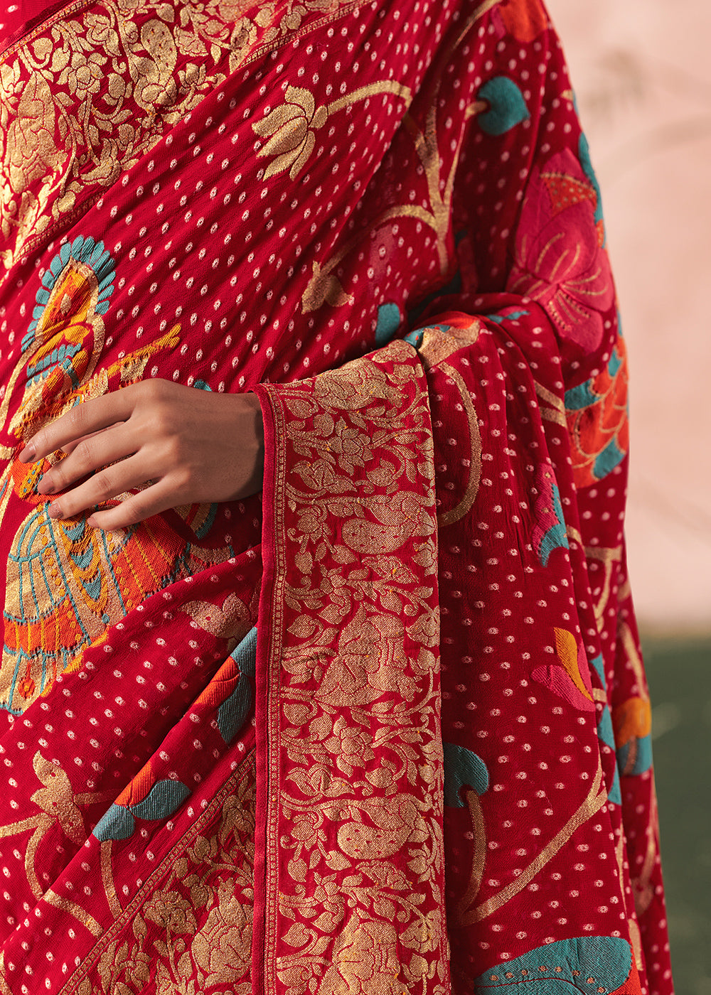 Sangria Red Khaddi Georgette Saree with Bandhej Weaving Artistry