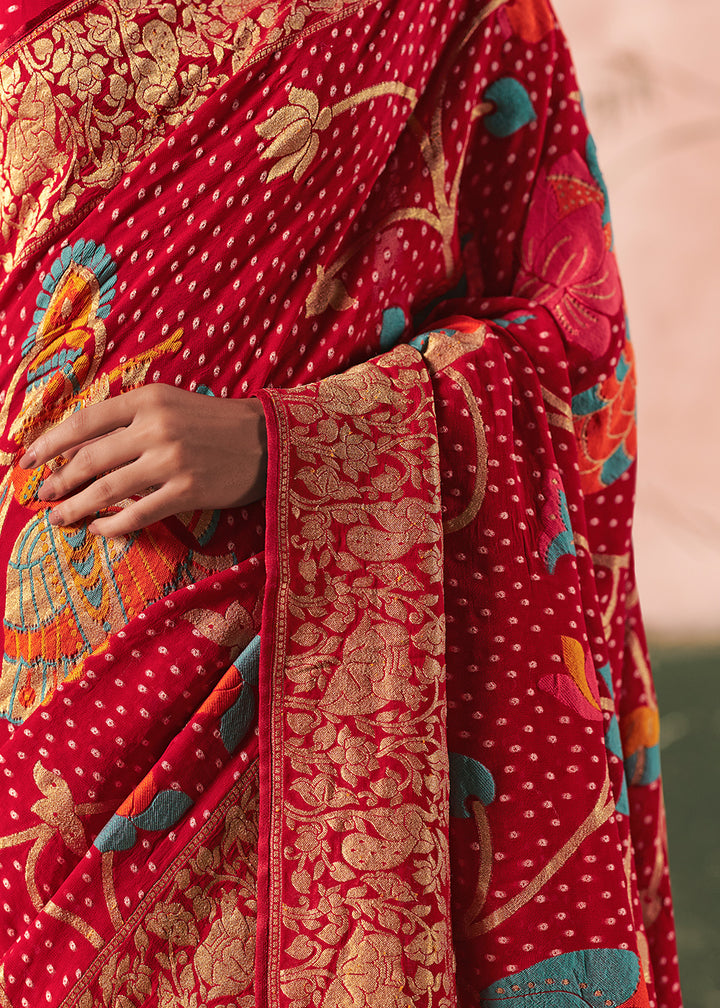 Sangria Red Khaddi Georgette Saree with Bandhej Weaving Artistry