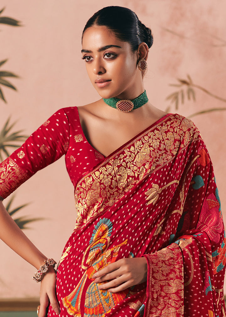 Sangria Red Khaddi Georgette Saree with Bandhej Weaving Artistry