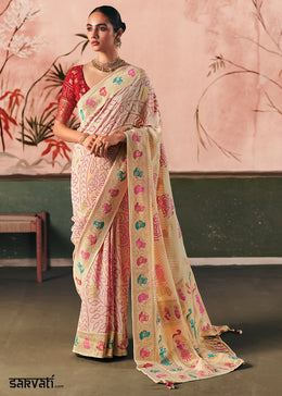 Cream White Khaddi Georgette Saree with Bandhej Weaving Artistry