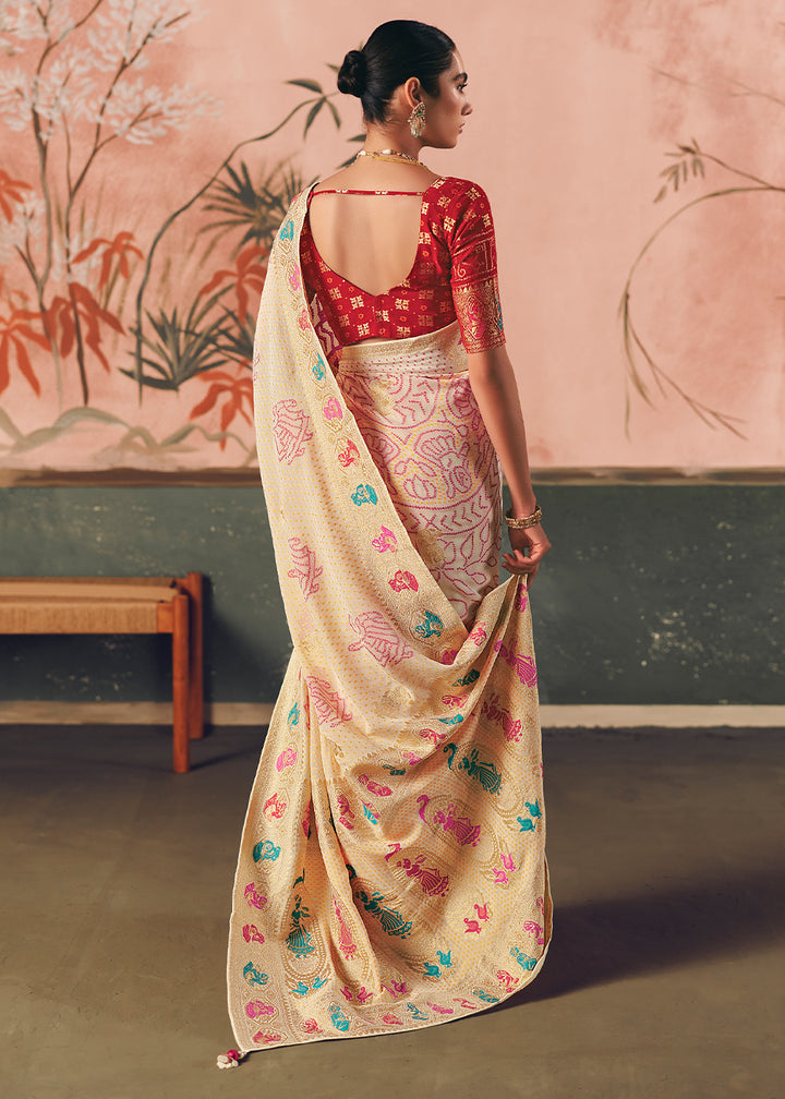Cream White Khaddi Georgette Saree with Bandhej Weaving Artistry