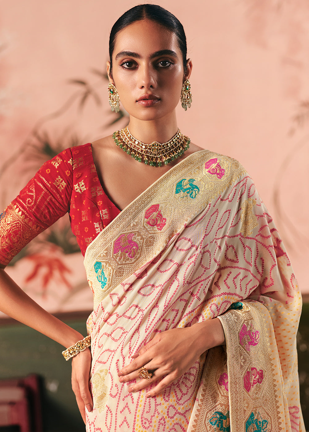 Cream White Khaddi Georgette Saree with Bandhej Weaving Artistry