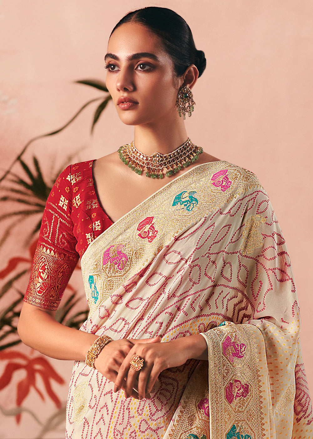Cream White Khaddi Georgette Saree with Bandhej Weaving Artistry