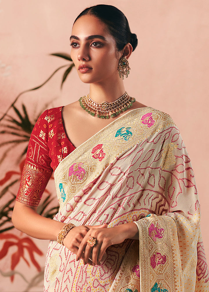 Cream White Khaddi Georgette Saree with Bandhej Weaving Artistry