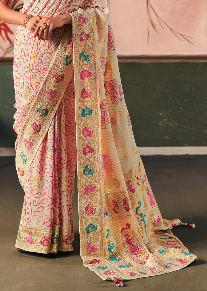 Cream White Khaddi Georgette Saree with Bandhej Weaving Artistry