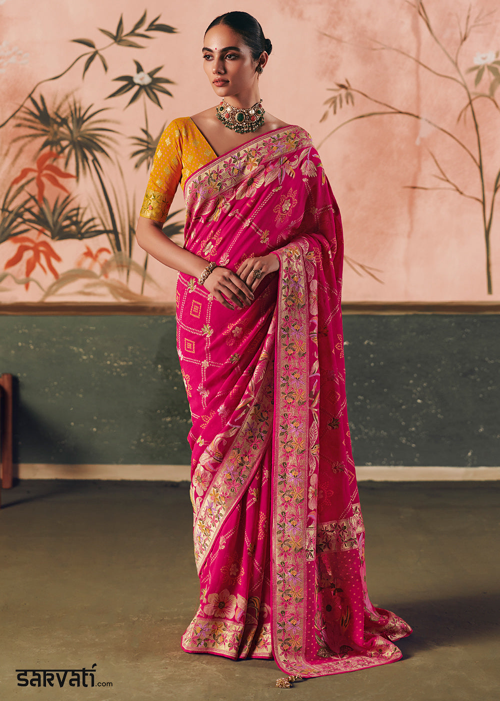 Hot Pink Khaddi Georgette Saree with Bandhej Weaving Artistry