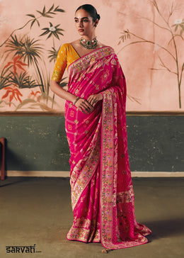 Hot Pink Khaddi Georgette Saree with Bandhej Weaving Artistry