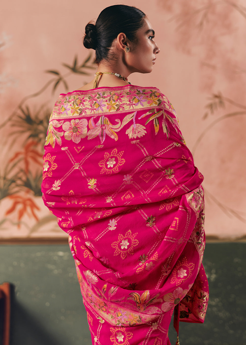 Hot Pink Khaddi Georgette Saree with Bandhej Weaving Artistry