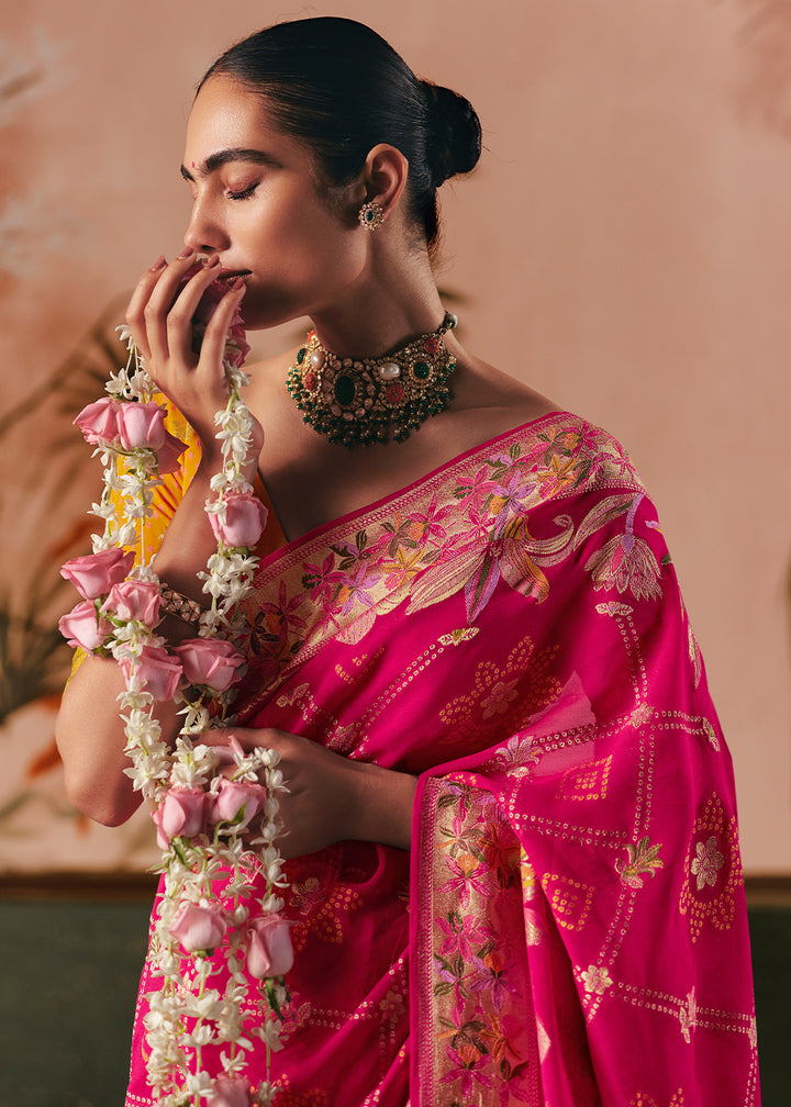 Hot Pink Khaddi Georgette Saree with Bandhej Weaving Artistry