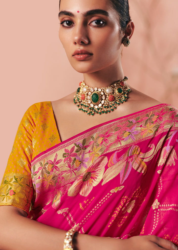 Hot Pink Khaddi Georgette Saree with Bandhej Weaving Artistry
