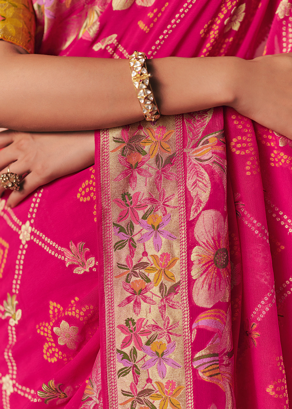 Hot Pink Khaddi Georgette Saree with Bandhej Weaving Artistry