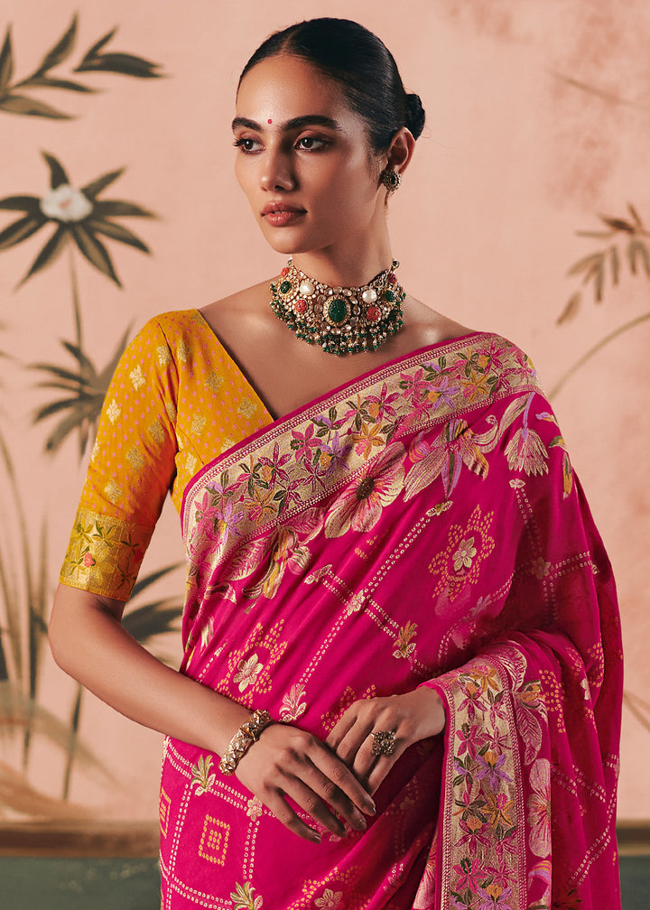 Hot Pink Khaddi Georgette Saree with Bandhej Weaving Artistry