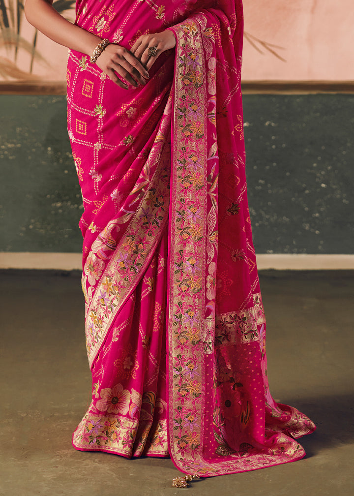 Hot Pink Khaddi Georgette Saree with Bandhej Weaving Artistry